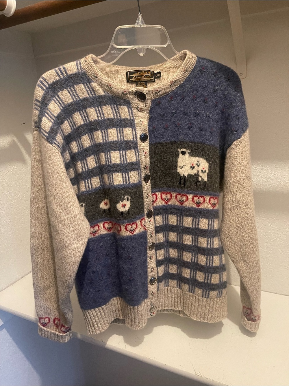 Eddie Bauer Women's Cardigan Sweater Cable Knit Lambs Wool Blend, Size L Preppy